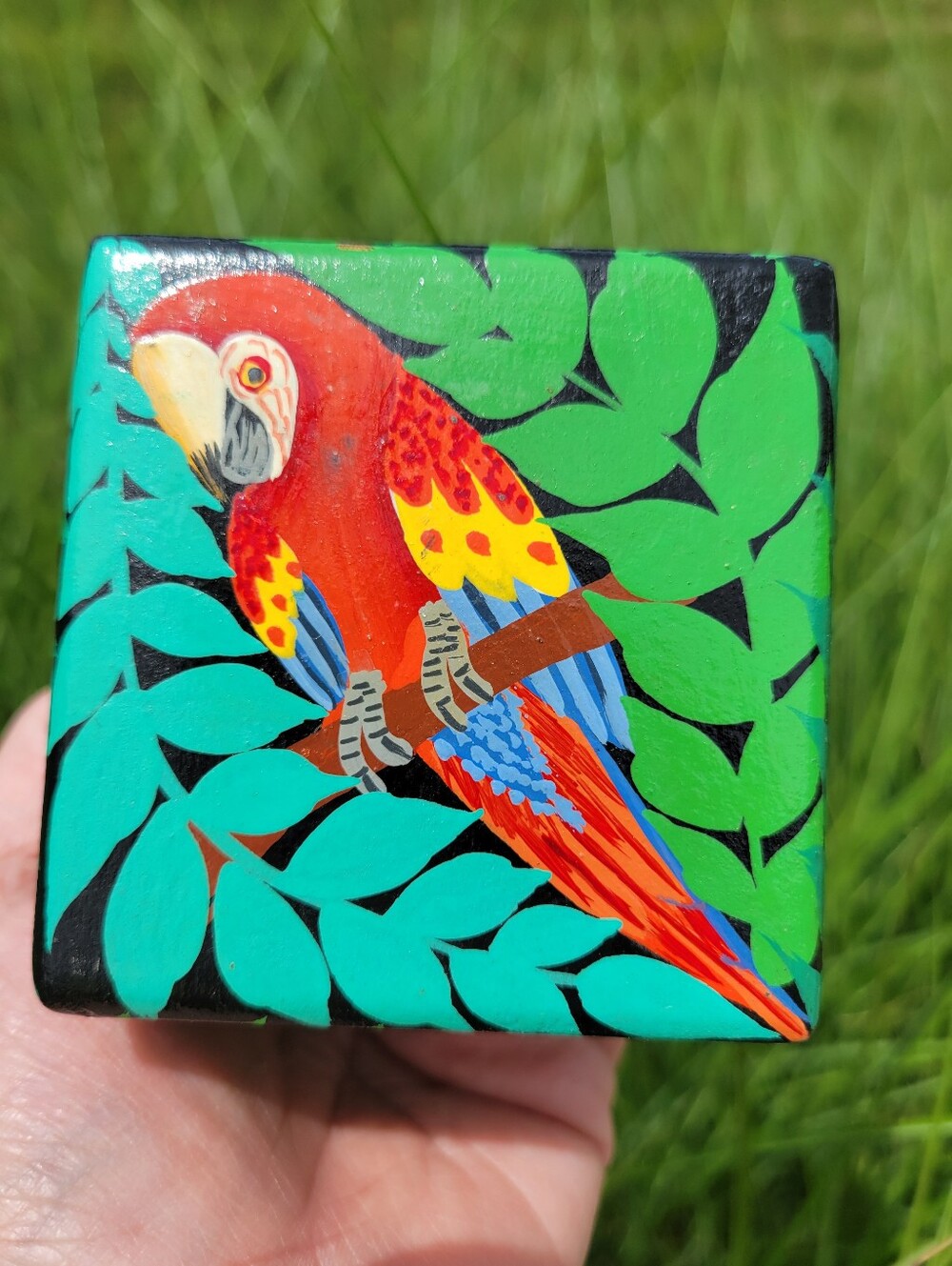 Hand-Painted Red Parrot Wood Trinket Box Souvenir Tropical Colorful